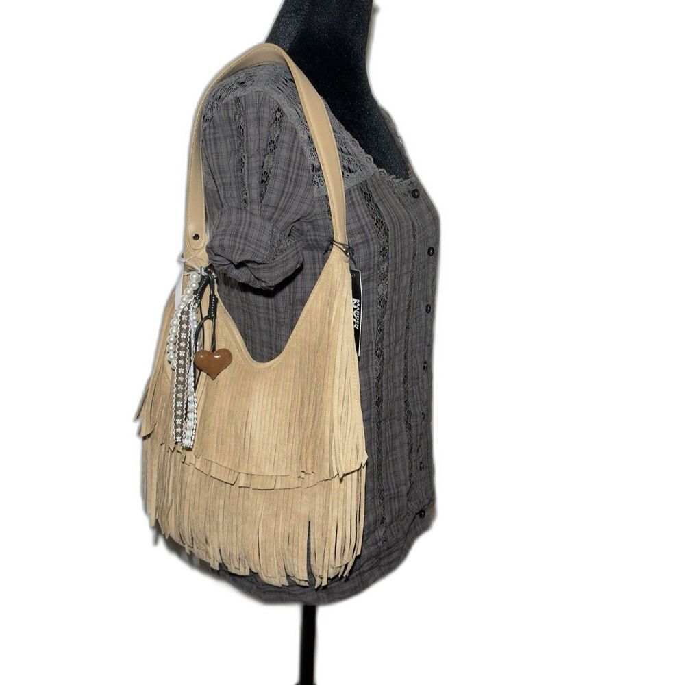 Madden NYC Beige Suede Fringe Hobo Shoulder Bag Charms Boho Western Style NWT